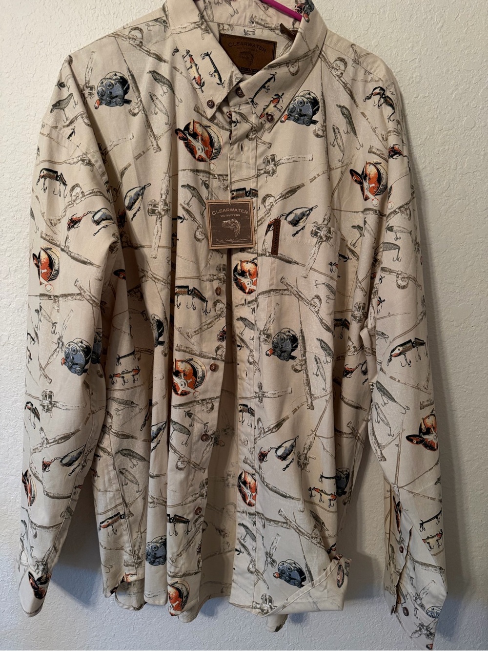 Mens Beige Fishing-Print Long-Sleeve Button-Down Shirt - Picture 4 of 4